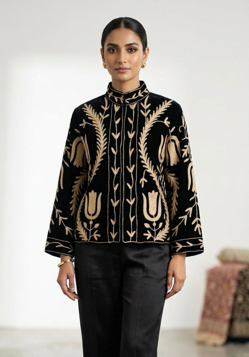 Elegant Velvet Embroidered Suzani Jacket (2 colours - Black / Dark Navy Blue)