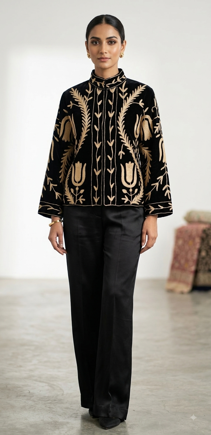 Elegant Velvet Embroidered Suzani Jacket (2 colours - Black / Dark Navy Blue)