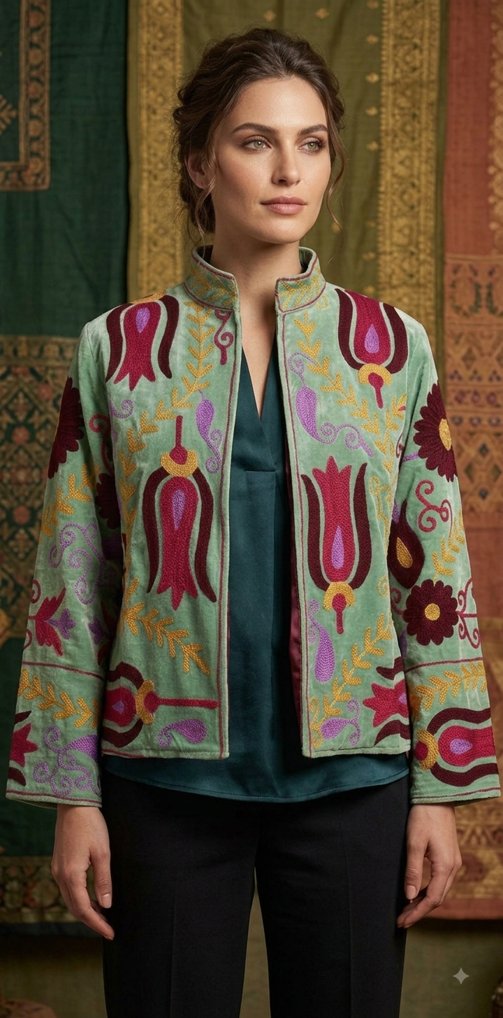 Blooming Velvet Embroidered Suzani Jacket (2 colors -  Deep Navy Blue / Olive Green)