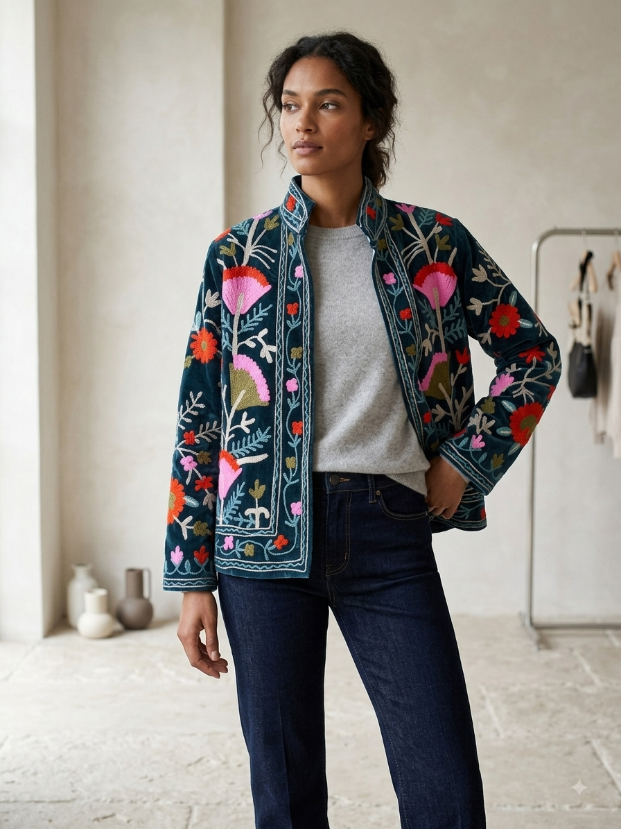 Floral Velvet Embroidered Suzani Jacket (7 colors - Charcoal Grey / Deep Blue / Navy Blue / Olive Green / Ruby / Pale Pink / White)