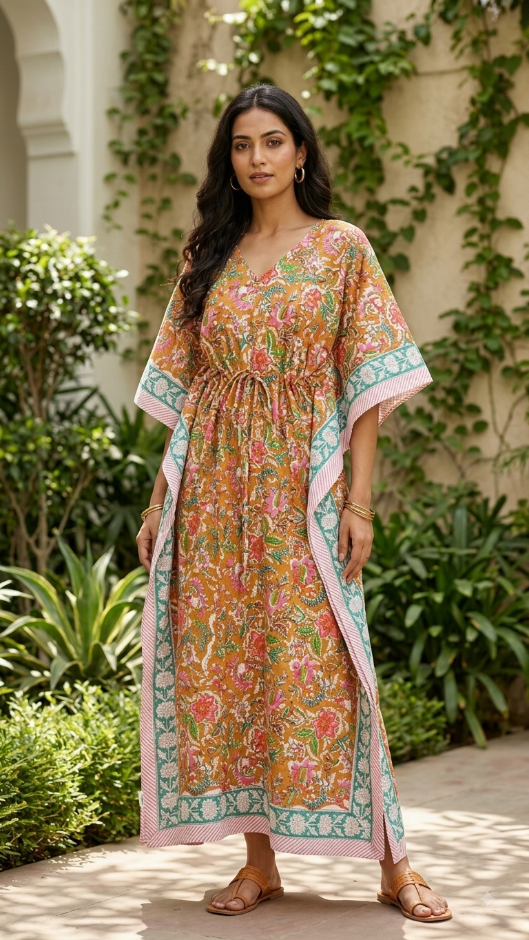 Dark Orange Floral Block Printed Kaftan
