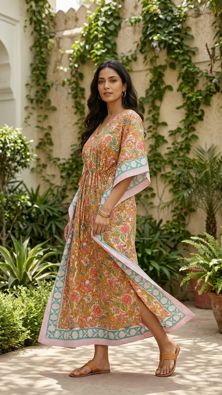 Dark Orange Floral Block Printed Kaftan