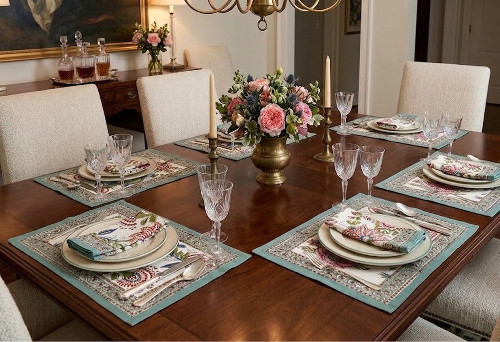 Floral Hand Block Printed Table Mat Set (6 table mats + 6 napkins) - 2 colours