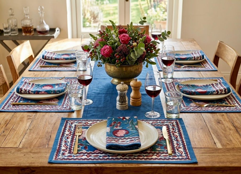 Blooming Flowers Hand Block Printed Table Mat Set (6 table mats + 6 napkins)