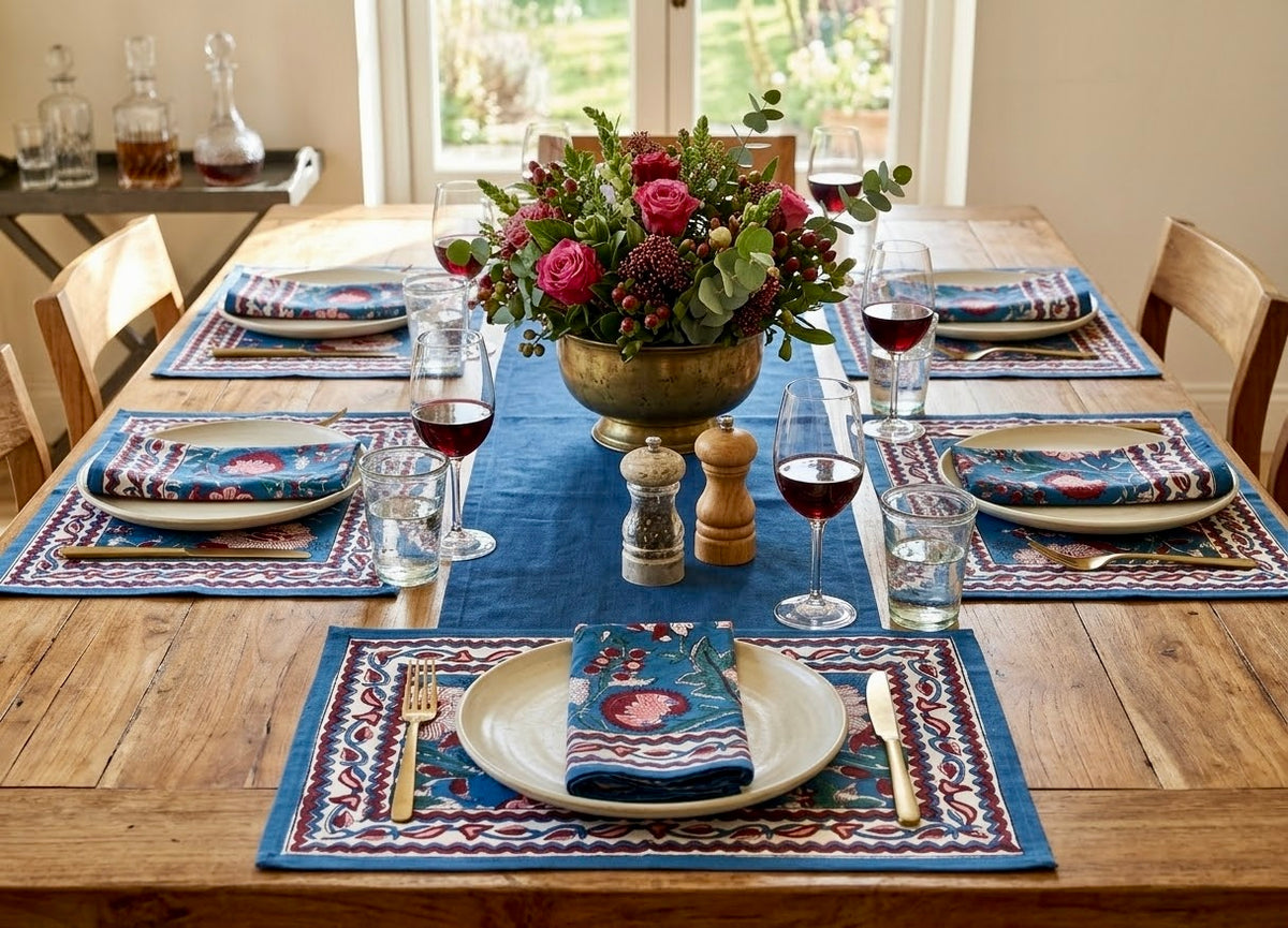 Blooming Flowers Hand Block Printed Table Mat Set (6 table mats + 6 napkins)