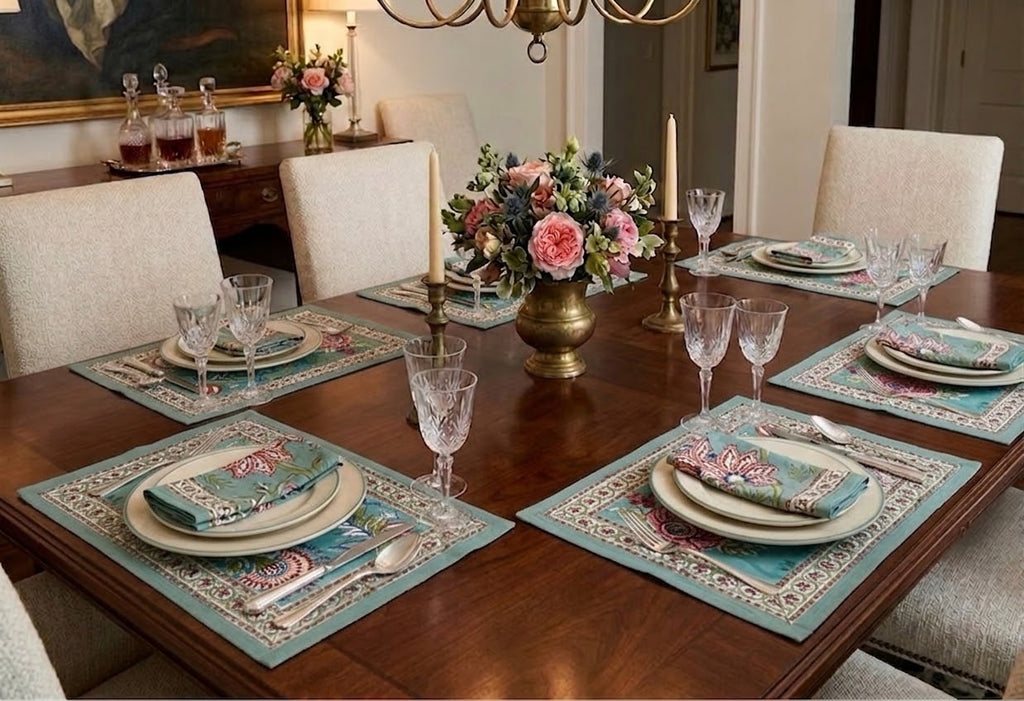 Floral Hand Block Printed Table Mat Set (6 table mats + 6 napkins) - 2 colours