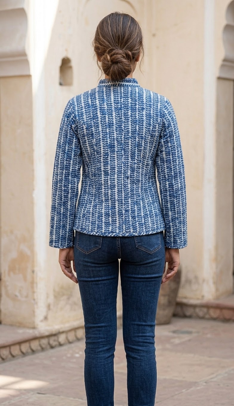 Reversible Indigo Block-Print Quilted Cotton Jacket