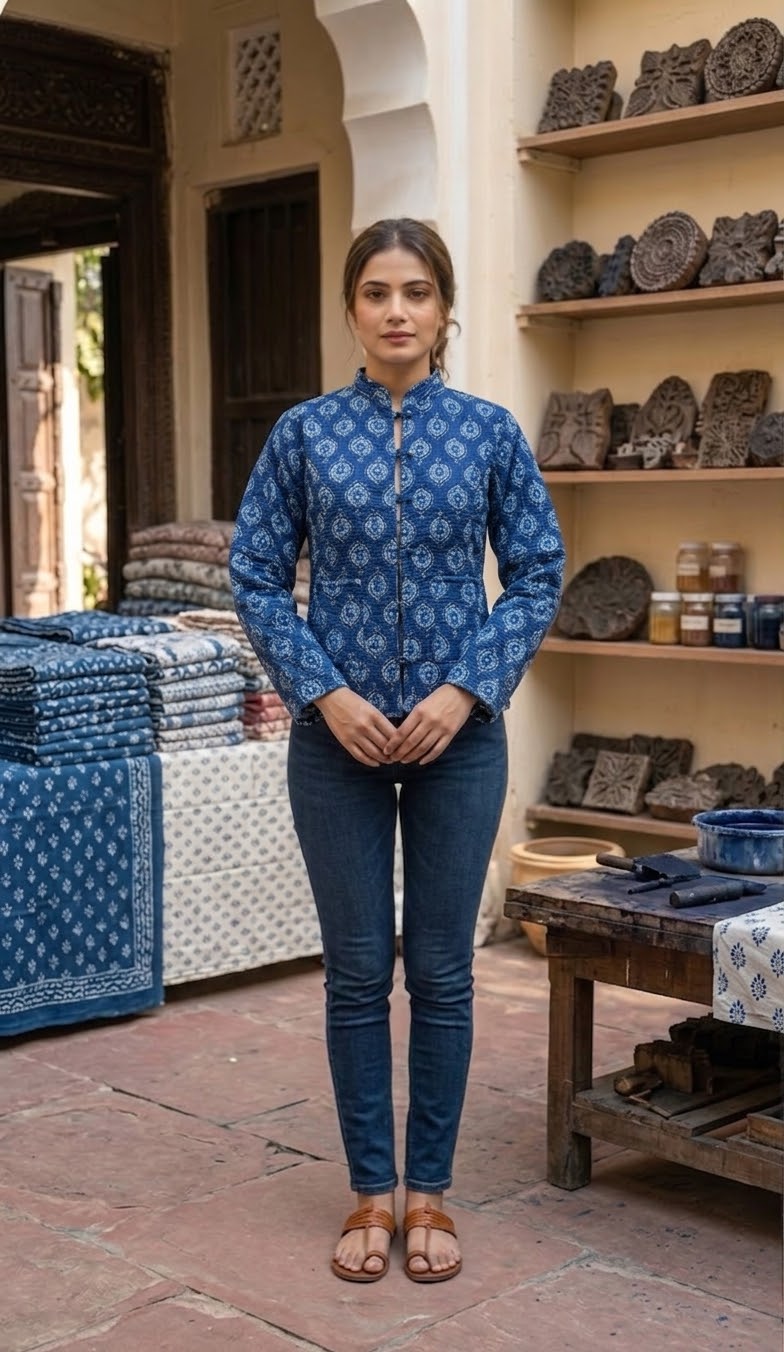Reversible Indigo Block-Print Quilted Cotton Jacket