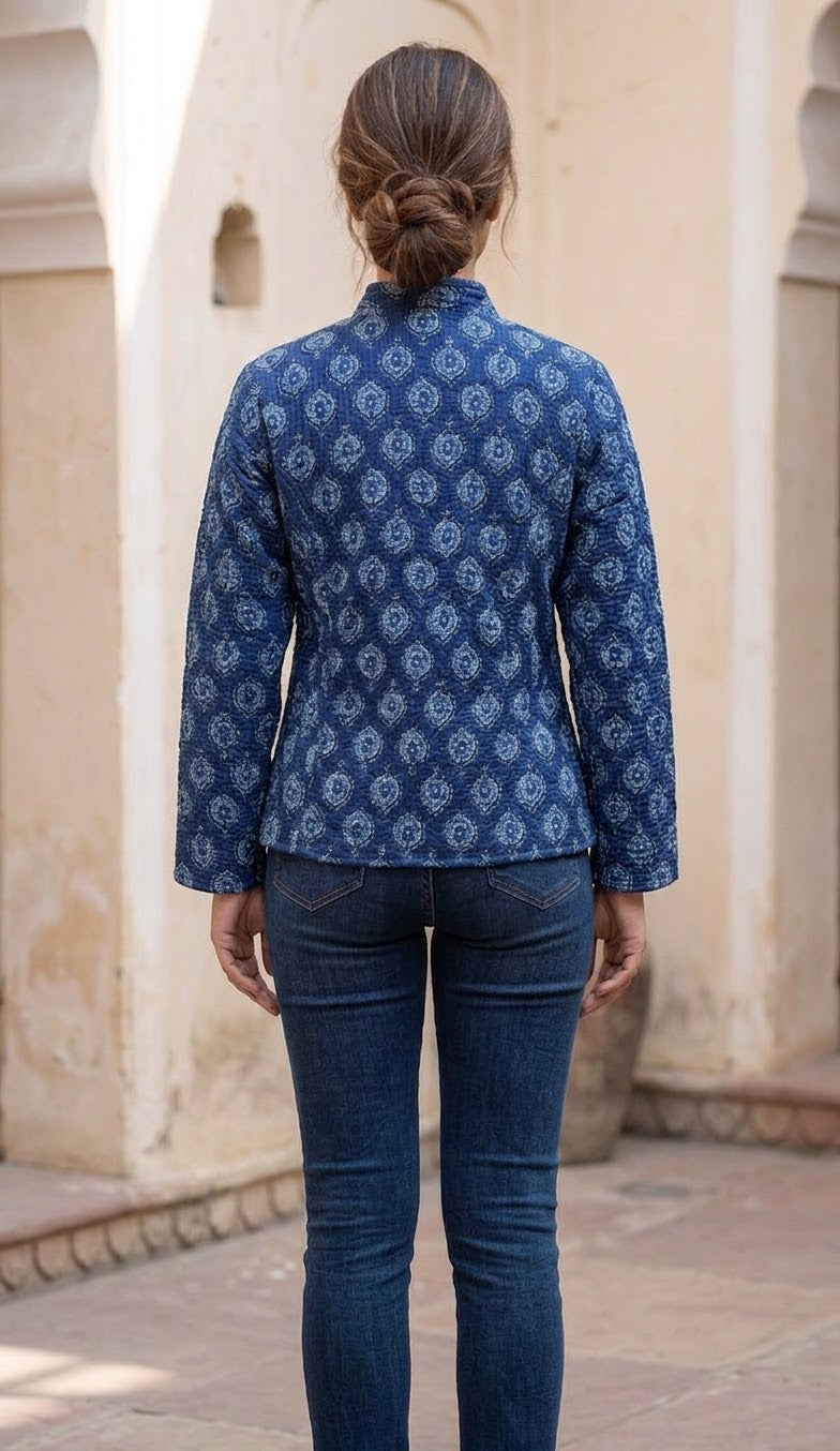 Reversible Indigo Block-Print Quilted Cotton Jacket