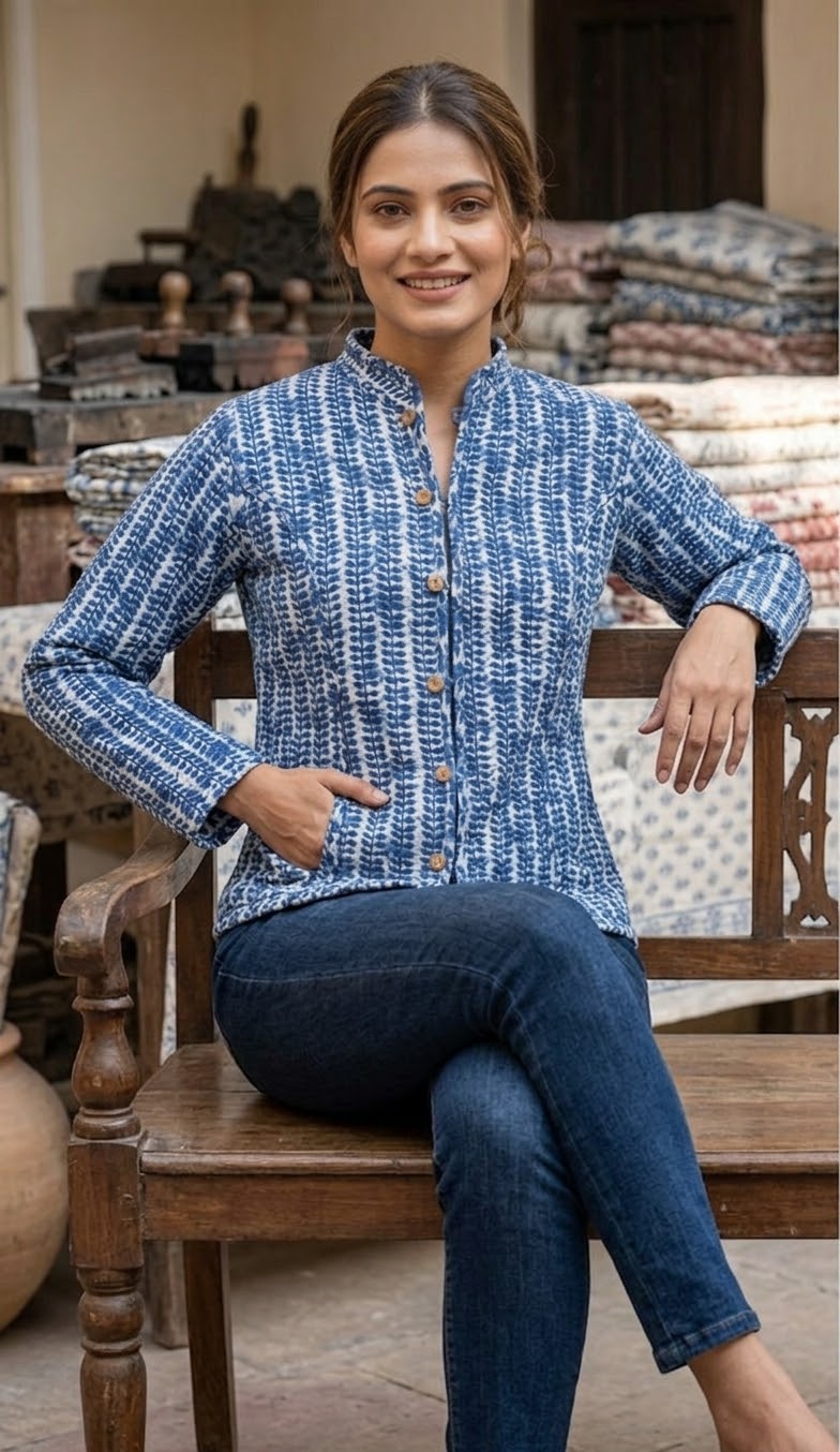 Reversible Indigo Block-Print Quilted Cotton Jacket