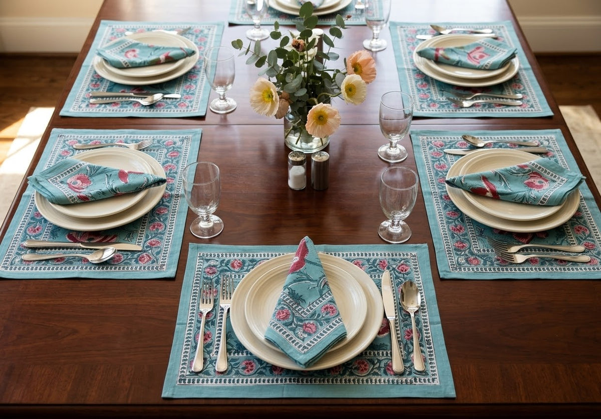 Poppy Hand Block Printed Table Mat Set (6 table mats + 6 napkins)