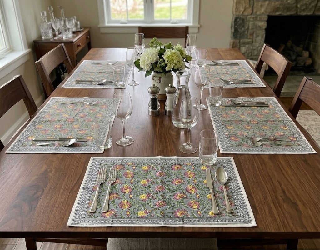 Floral All-Over Hand Block Printed Table Mat Set (6 pieces / colour) - 3 Colours (Yellow & Teal / Yellow & Pink / Pink & Teal)