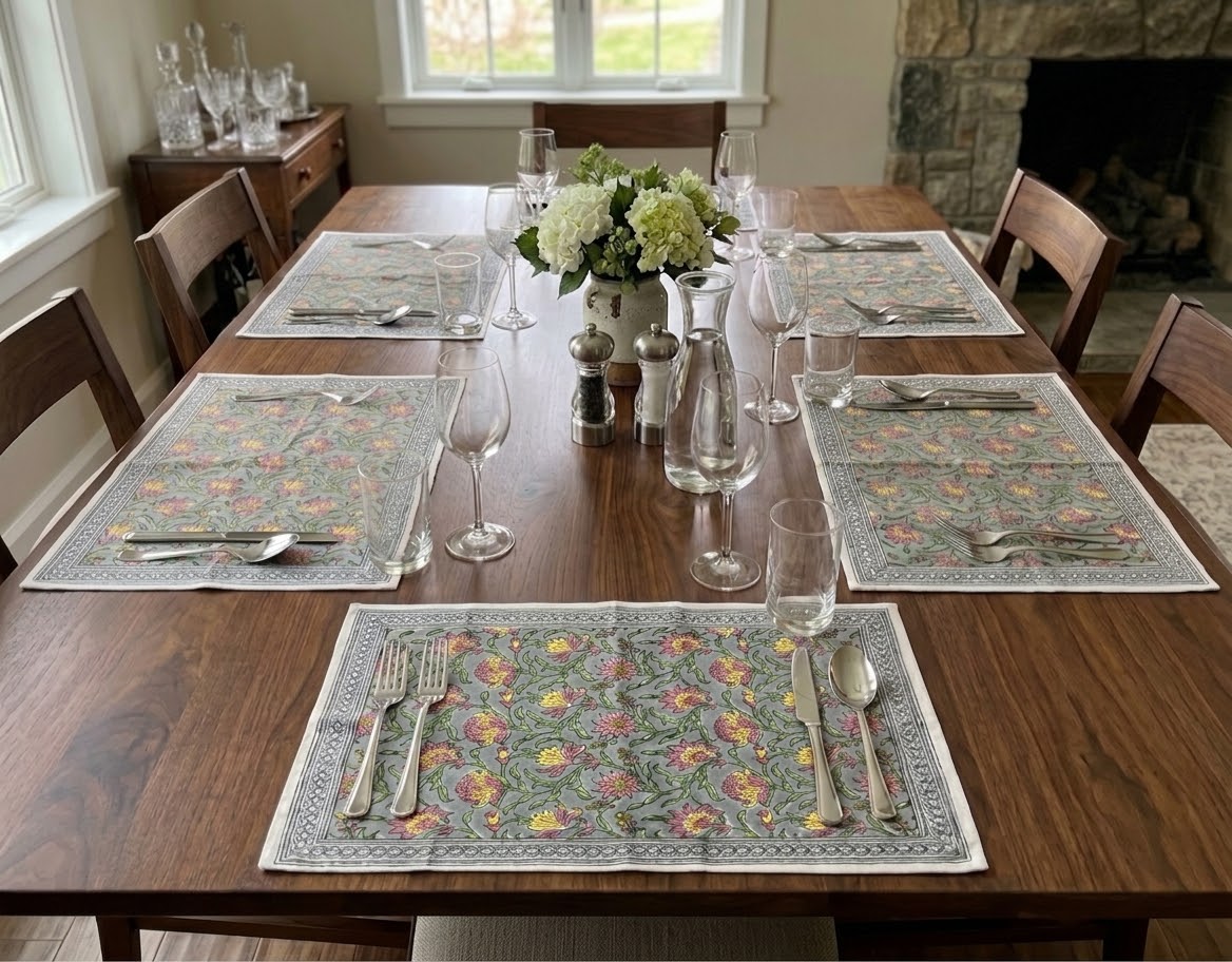 Floral All-Over Hand Block Printed Table Mat Set (6 pieces / colour) - 3 Colours (Yellow & Teal / Yellow & Pink / Pink & Teal)
