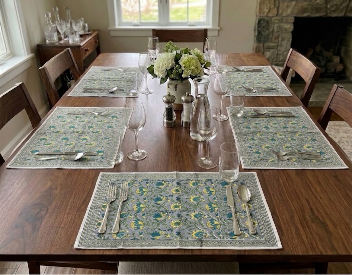 Floral All-Over Hand Block Printed Table Mat Set (6 pieces / colour) - 3 Colours (Yellow & Teal / Yellow & Pink / Pink & Teal)