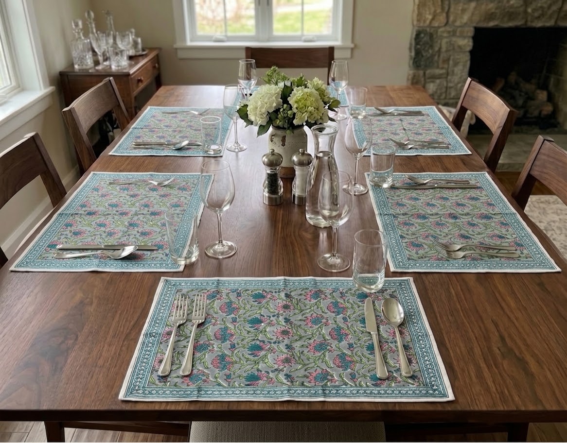 Floral All-Over Hand Block Printed Table Mat Set (6 pieces / colour) - 3 Colours (Yellow & Teal / Yellow & Pink / Pink & Teal)