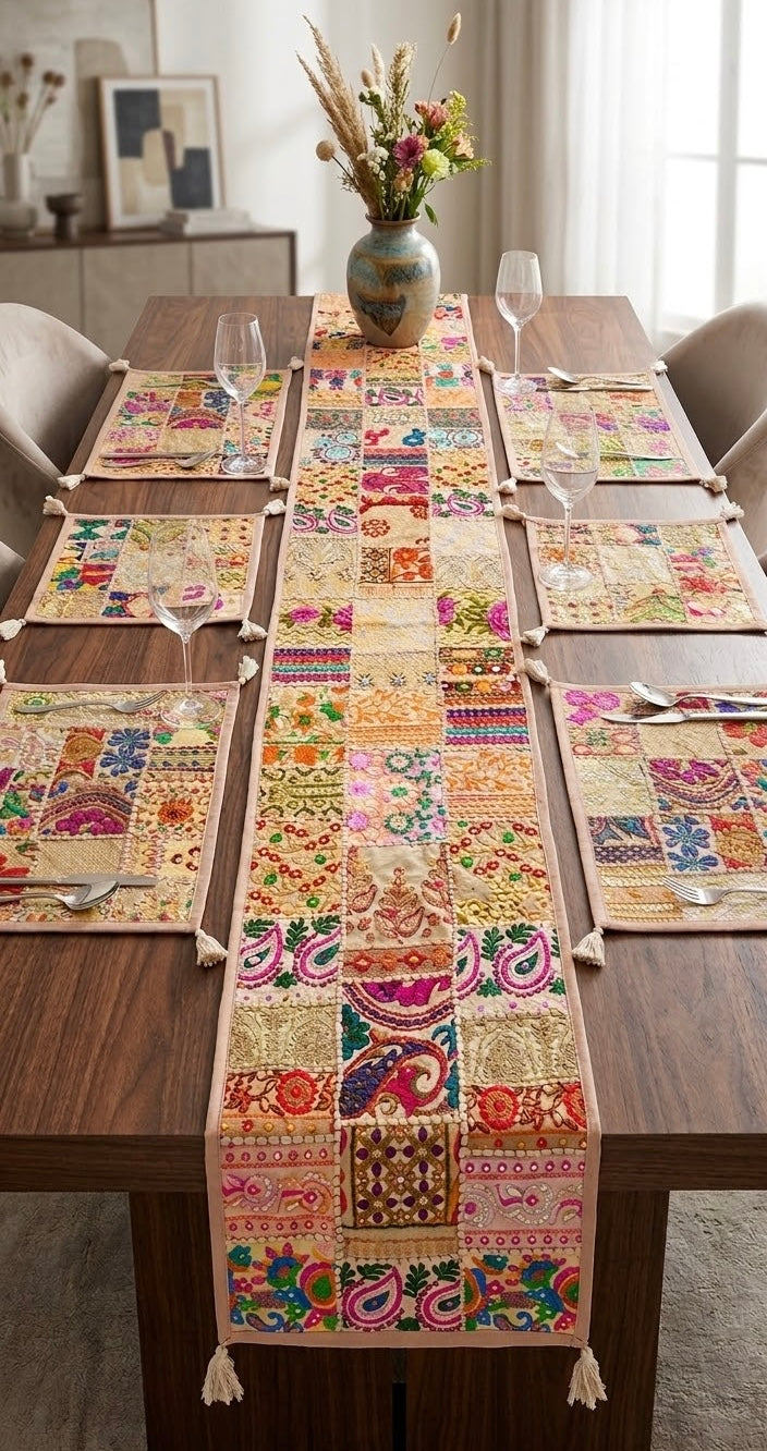 Bling Bling Gold Patchwork Embroidered Table Runner with 6 Table Mats