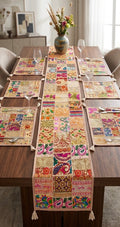 Bling Bling Gold Patchwork Embroidered Table Runner with 6 Table Mats