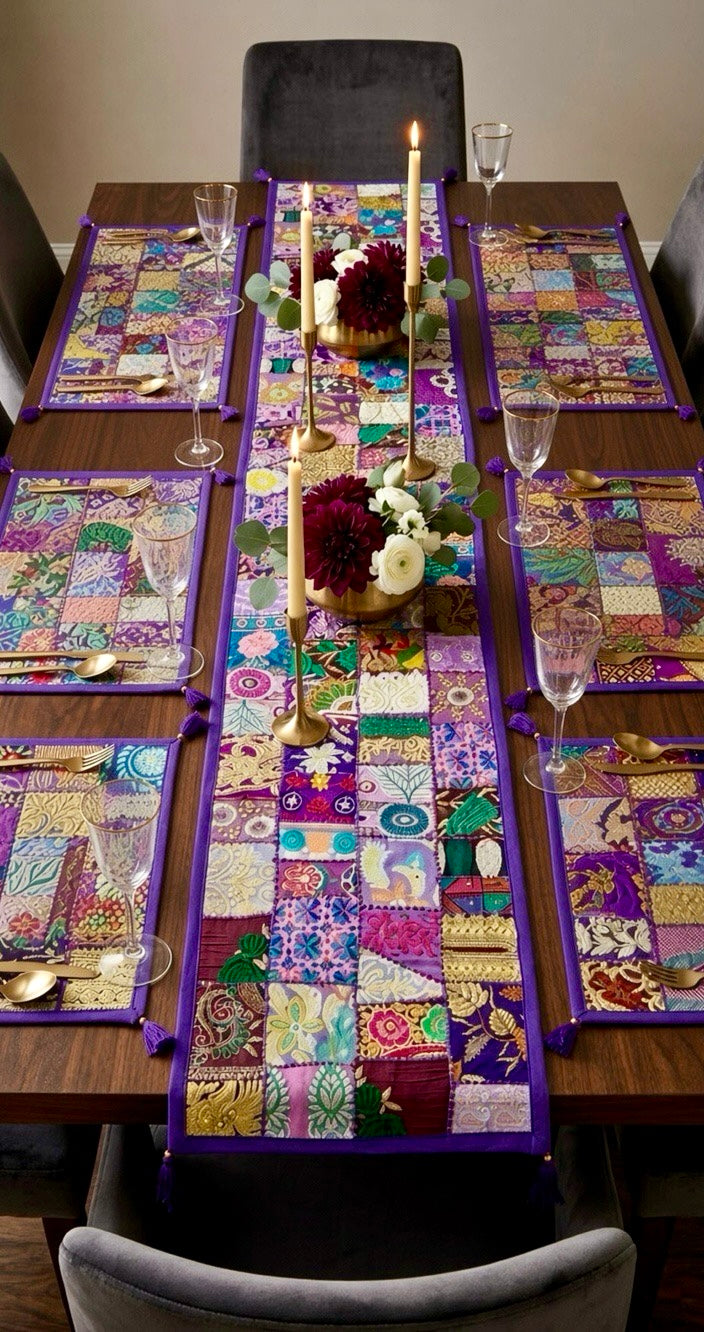 Bling Bling Purple Patchwork Embroidered Table Runner with 6 Table Mats