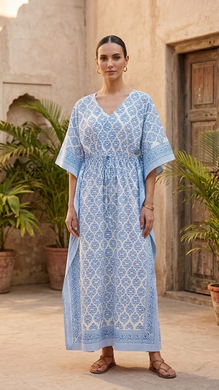 Mughal Arch Block Printed Kaftan (2 colors - Pink / Light Blue)