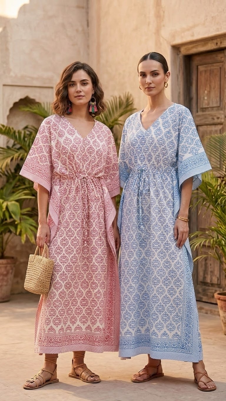 Mughal Arch Block Printed Kaftan (2 colors - Pink / Light Blue)
