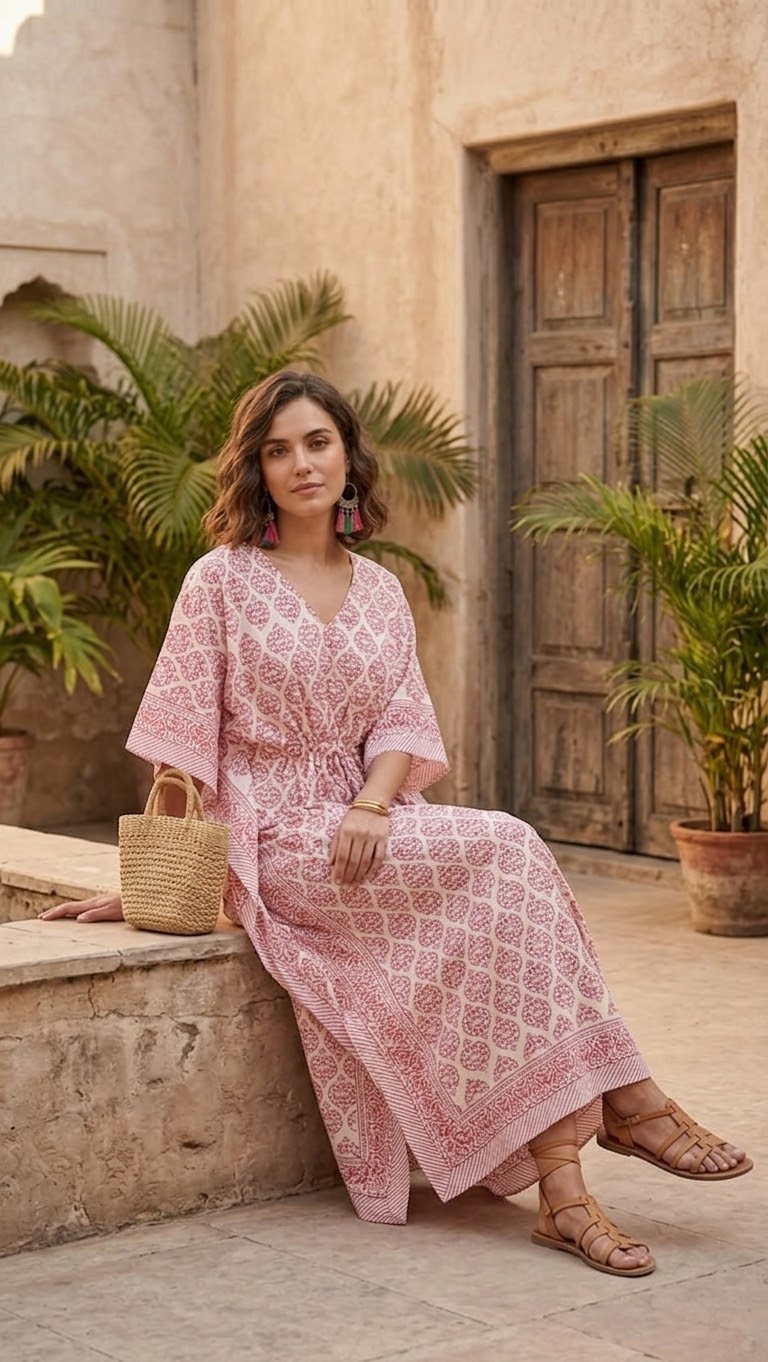 Mughal Arch Block Printed Kaftan (2 colors - Pink / Light Blue)