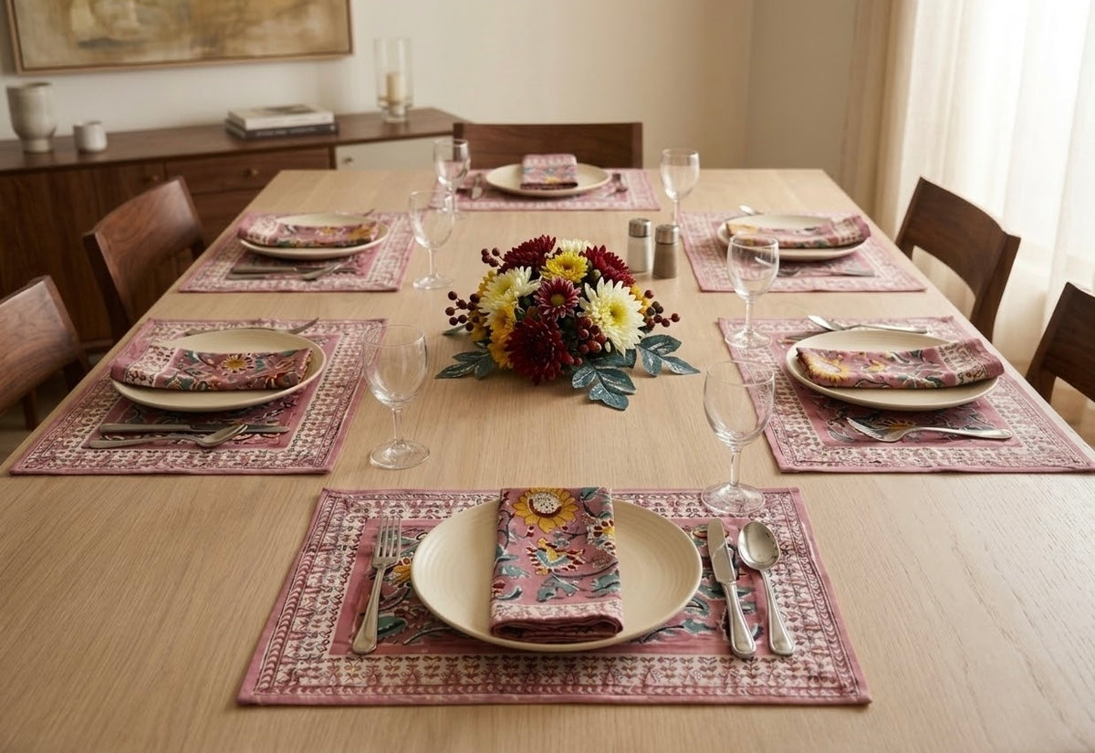 Sunflower Hand Block Printed Table Mat Set (6 table mats + 6 napkins)