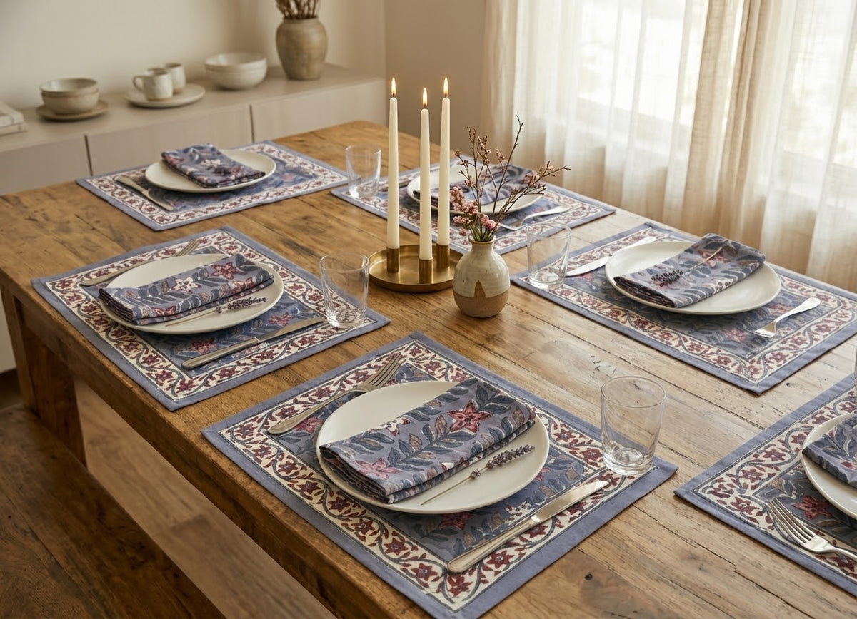 Botanical Garden Hand Block Printed Table Mat Set (6 table mats + 6 napkins)