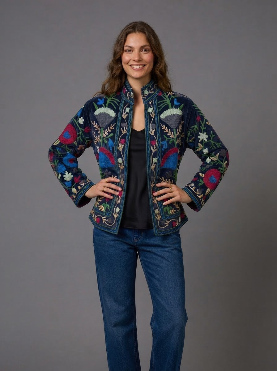 Floral Velvet Embroidered Suzani Jacket (7 colors - Charcoal Grey / Deep Blue / Navy Blue / Olive Green / Ruby / Pale Pink / White)
