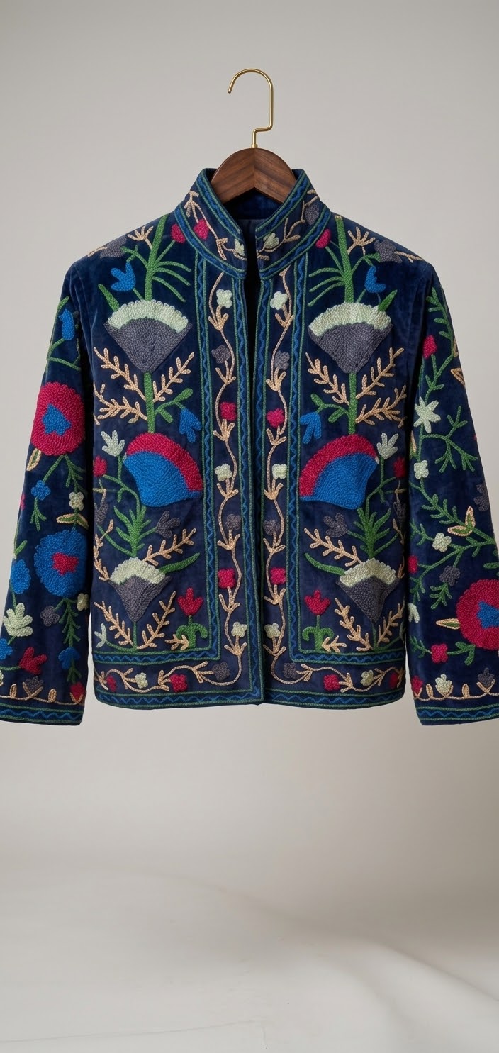 Floral Velvet Embroidered Suzani Jacket (7 colors - Charcoal Grey / Deep Blue / Navy Blue / Olive Green / Ruby / Pale Pink / White)