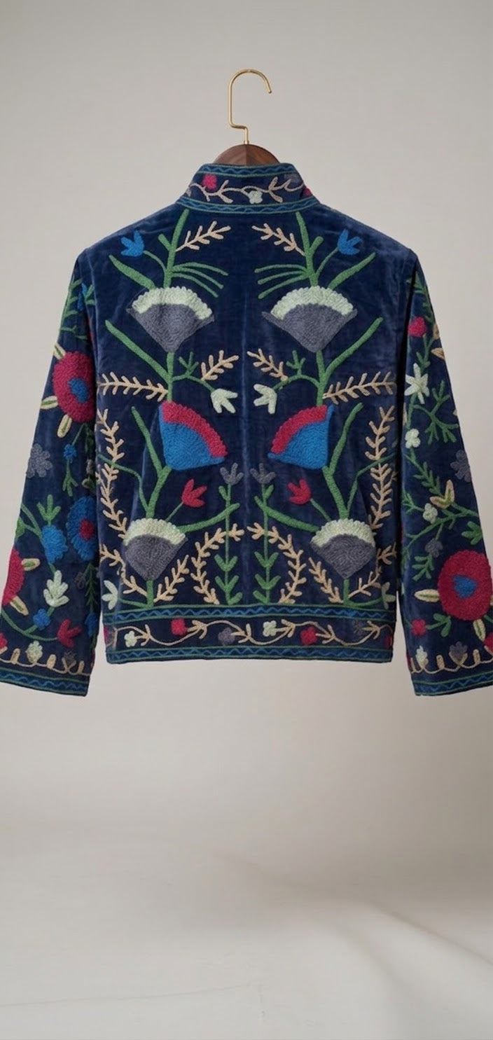 Floral Velvet Embroidered Suzani Jacket (7 colors - Charcoal Grey / Deep Blue / Navy Blue / Olive Green / Ruby / Pale Pink / White)