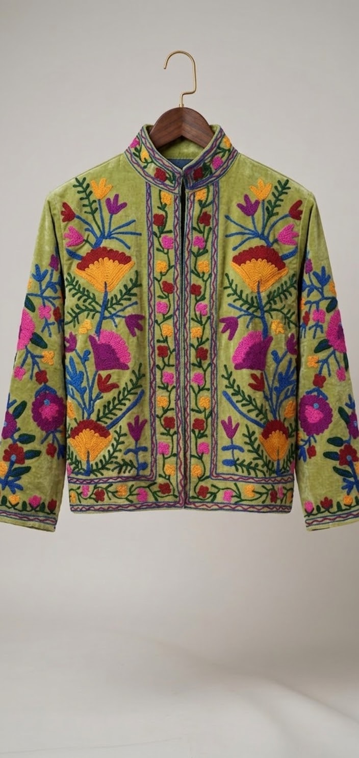 Floral Velvet Embroidered Suzani Jacket (7 colors - Charcoal Grey / Deep Blue / Navy Blue / Olive Green / Ruby / Pale Pink / White)