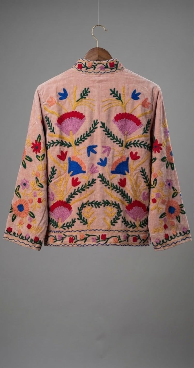 Floral Velvet Embroidered Suzani Jacket (7 colors - Charcoal Grey / Deep Blue / Navy Blue / Olive Green / Ruby / Pale Pink / White)