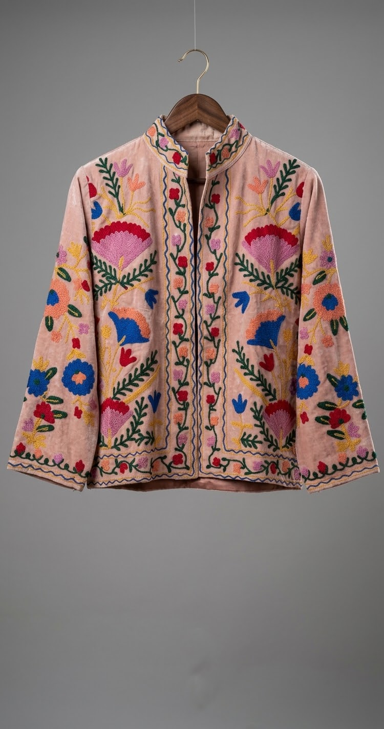 Floral Velvet Embroidered Suzani Jacket (7 colors - Charcoal Grey / Deep Blue / Navy Blue / Olive Green / Ruby / Pale Pink / White)