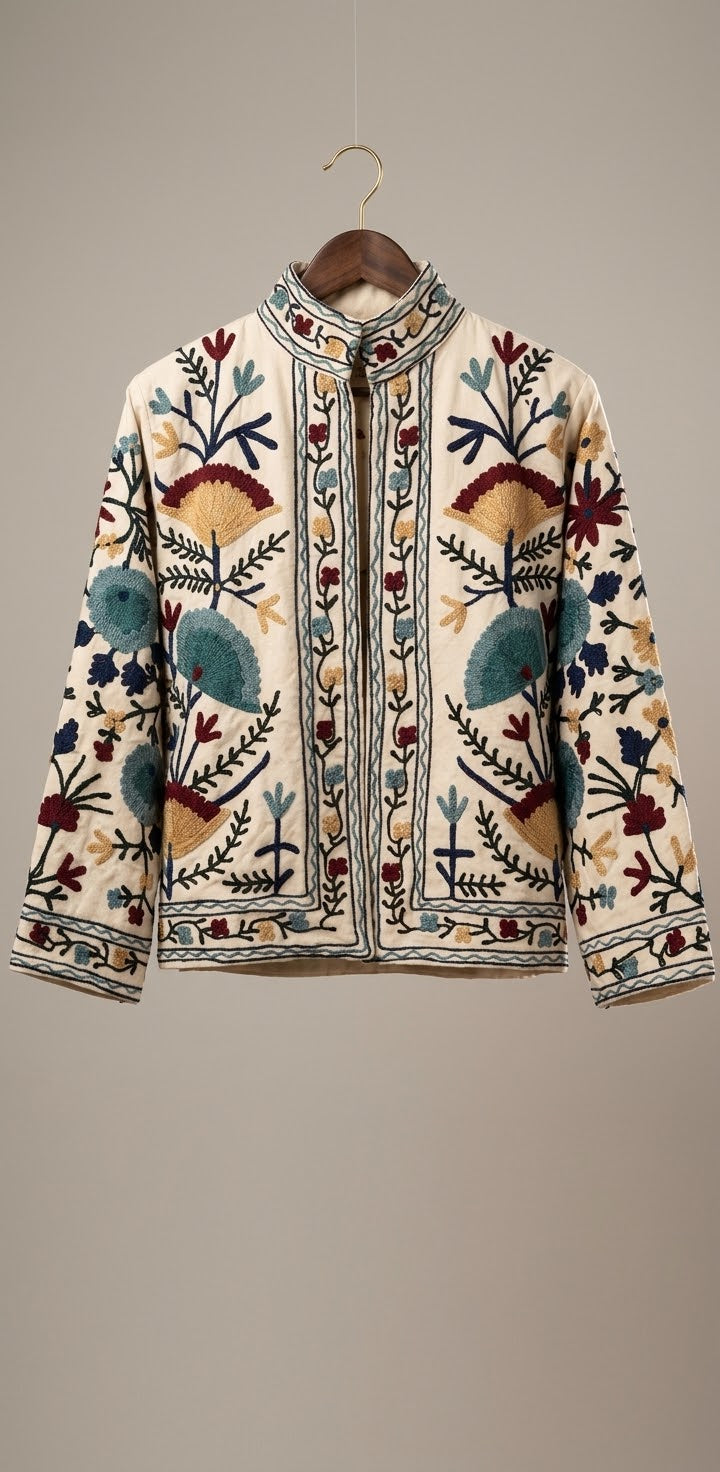 Floral Velvet Embroidered Suzani Jacket (7 colors - Charcoal Grey / Deep Blue / Navy Blue / Olive Green / Ruby / Pale Pink / White)