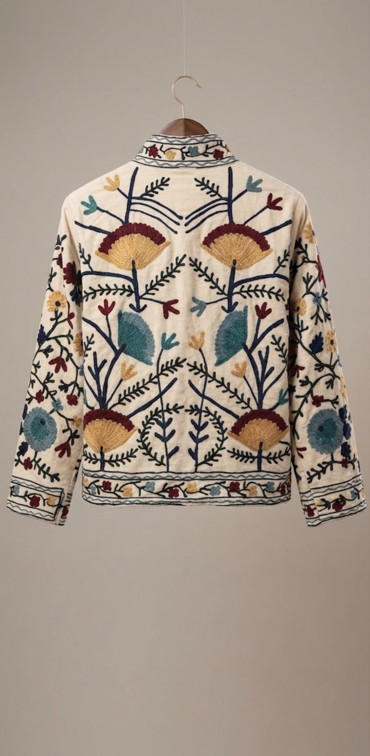 Floral Velvet Embroidered Suzani Jacket (7 colors - Charcoal Grey / Deep Blue / Navy Blue / Olive Green / Ruby / Pale Pink / White)