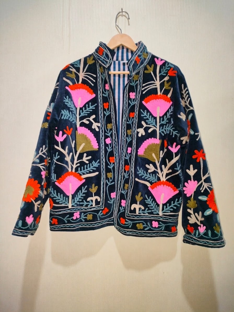 Floral Velvet Embroidered Suzani Jacket (7 colors - Charcoal Grey / Deep Blue / Navy Blue / Olive Green / Ruby / Pale Pink / White)