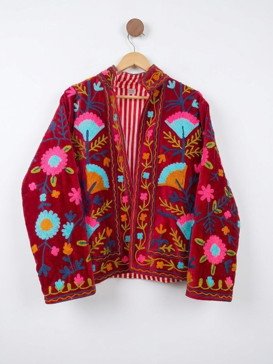 Floral Velvet Embroidered Suzani Jacket (7 colors - Charcoal Grey / Deep Blue / Navy Blue / Olive Green / Ruby / Pale Pink / White)