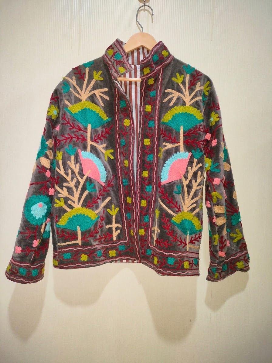 Floral Velvet Embroidered Suzani Jacket (7 colors - Charcoal Grey / Deep Blue / Navy Blue / Olive Green / Ruby / Pale Pink / White)