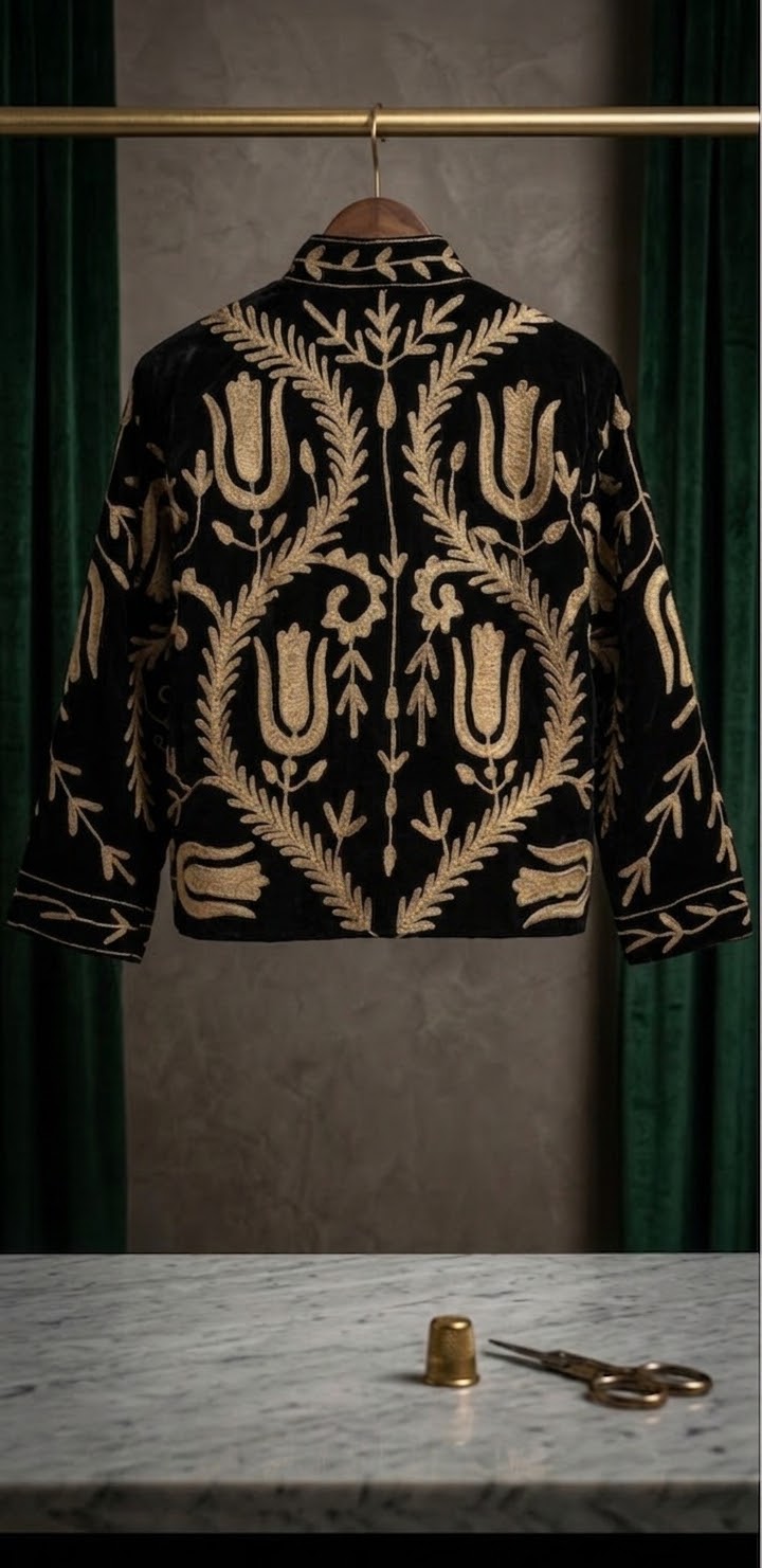 Elegant Velvet Embroidered Suzani Jacket (2 colours - Black / Dark Navy Blue)