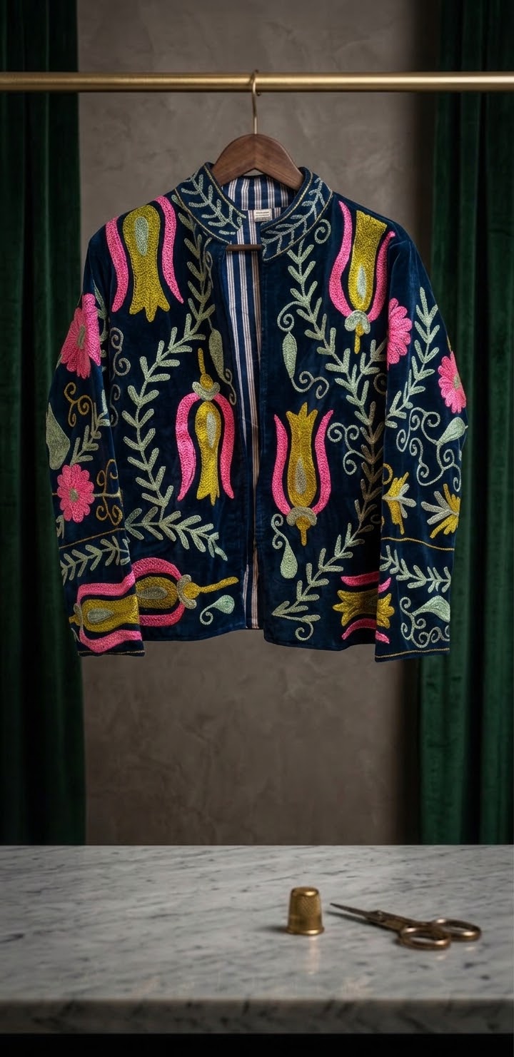 Blooming Velvet Embroidered Suzani Jacket (2 colors -  Deep Navy Blue / Olive Green)