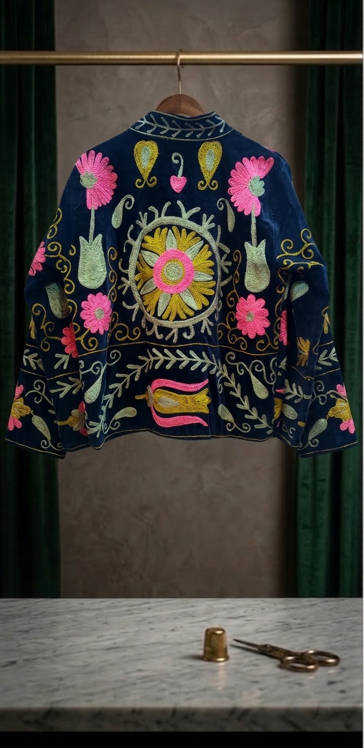 Blooming Velvet Embroidered Suzani Jacket (2 colors -  Deep Navy Blue / Olive Green)