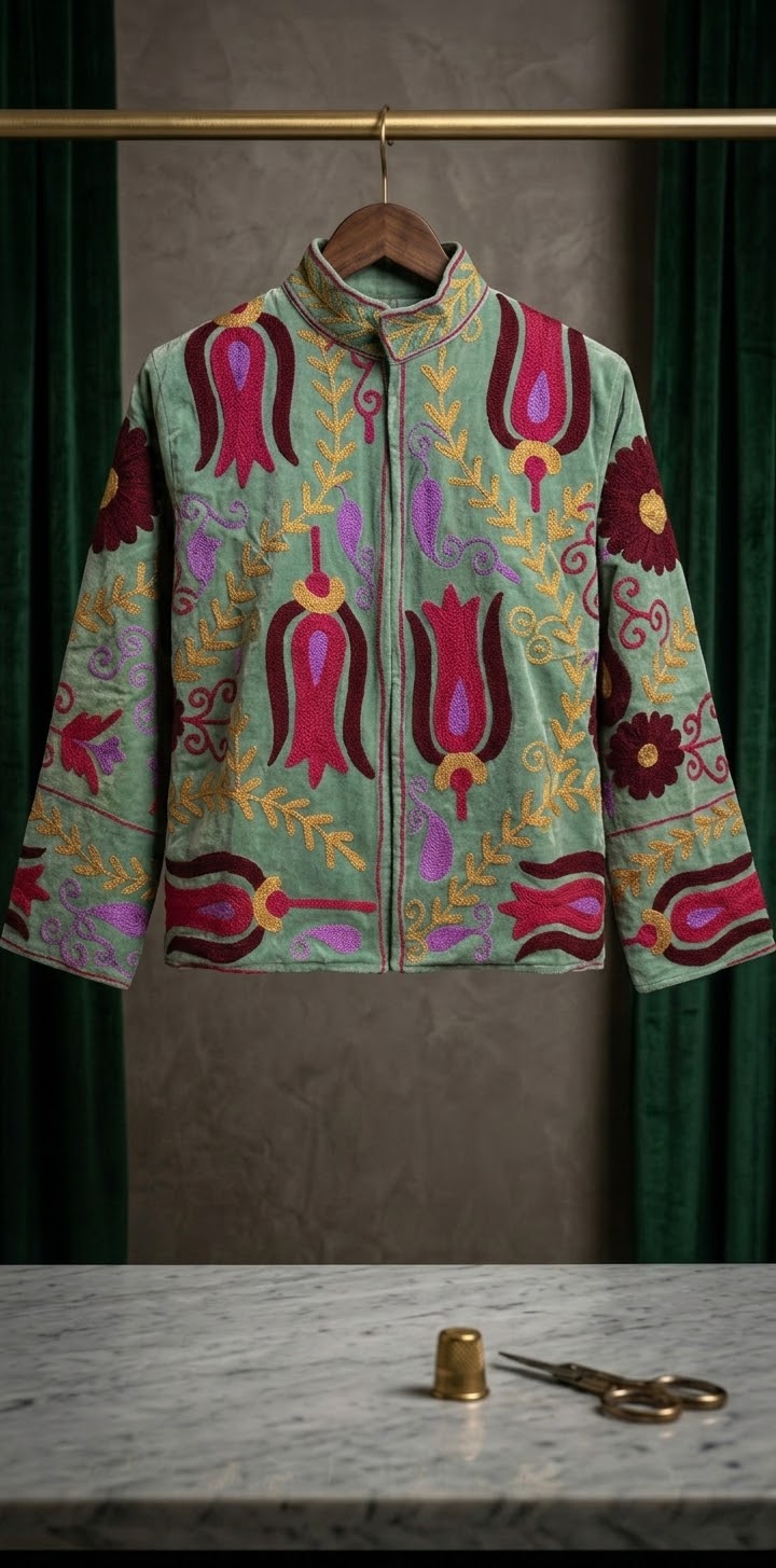 Blooming Velvet Embroidered Suzani Jacket (2 colors -  Deep Navy Blue / Olive Green)