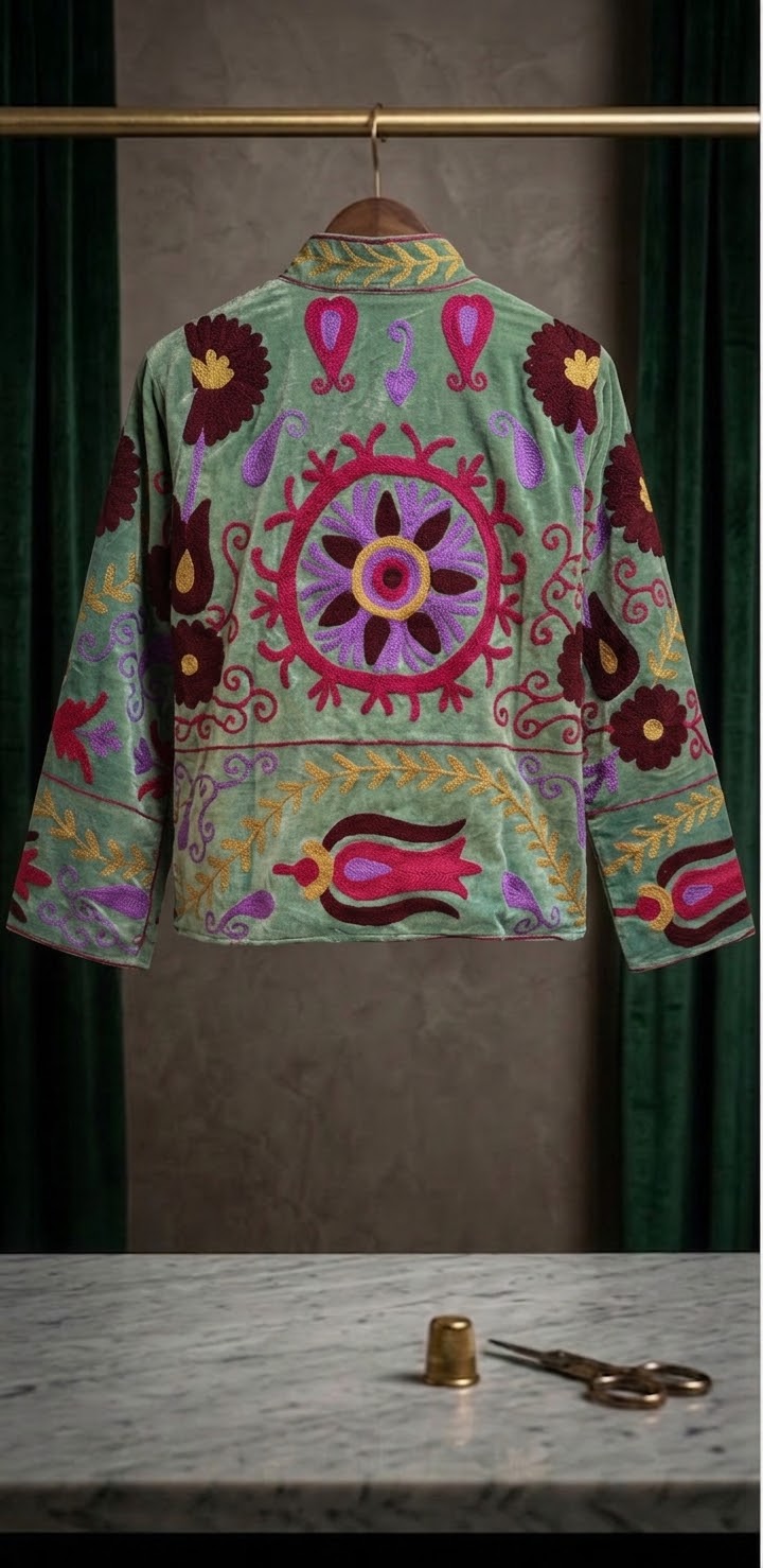 Blooming Velvet Embroidered Suzani Jacket (2 colors -  Deep Navy Blue / Olive Green)