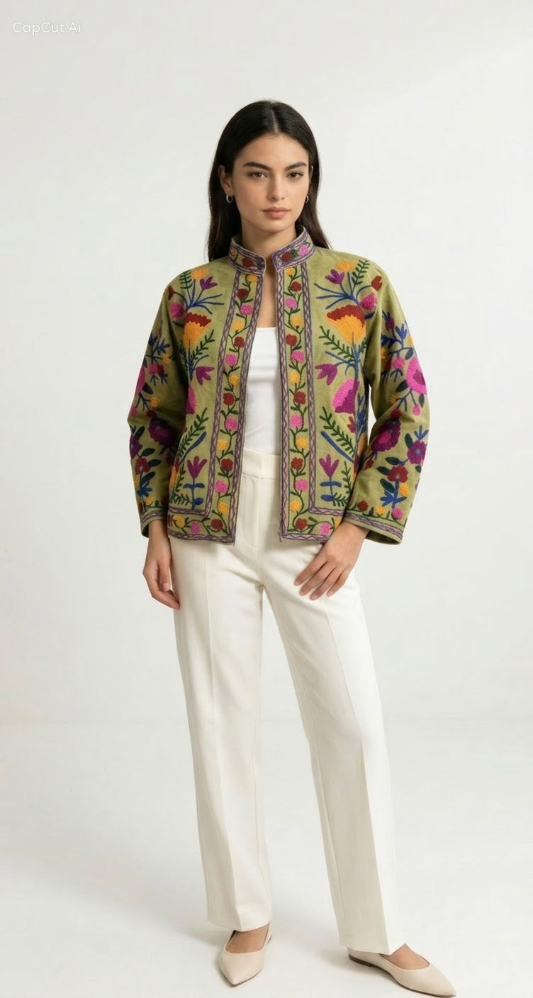 Floral Velvet Embroidered Suzani Jacket (7 colors - Charcoal Grey / Deep Blue / Navy Blue / Olive Green / Ruby / Pale Pink / White)