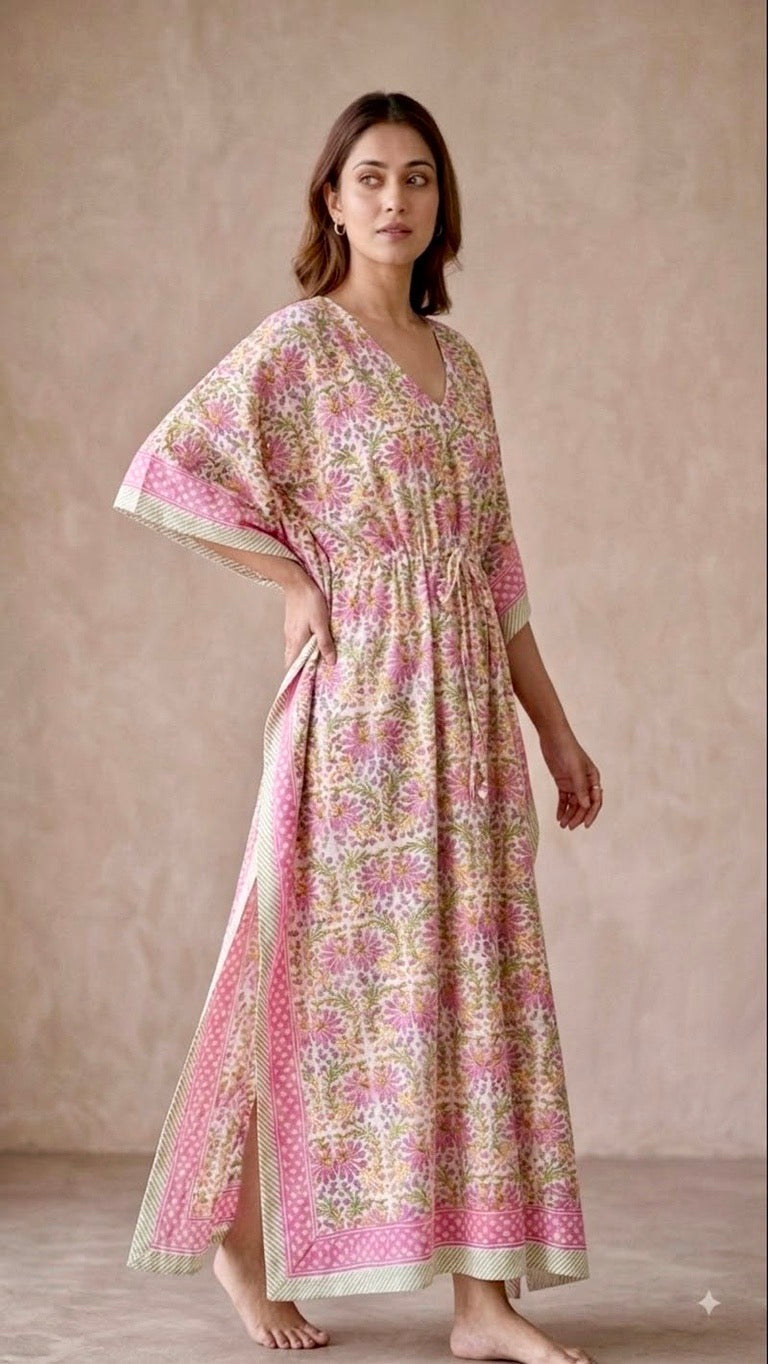 Pink Floral Block Printed Kaftan