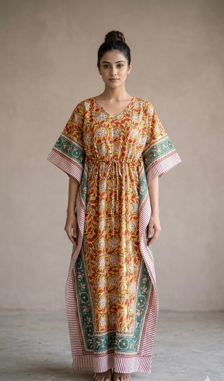Golden Floral Block Printed Kaftan