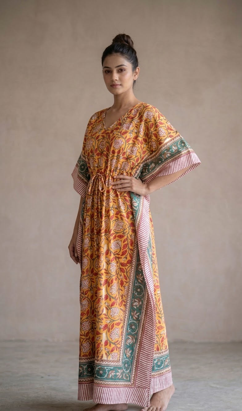 Golden Floral Block Printed Kaftan