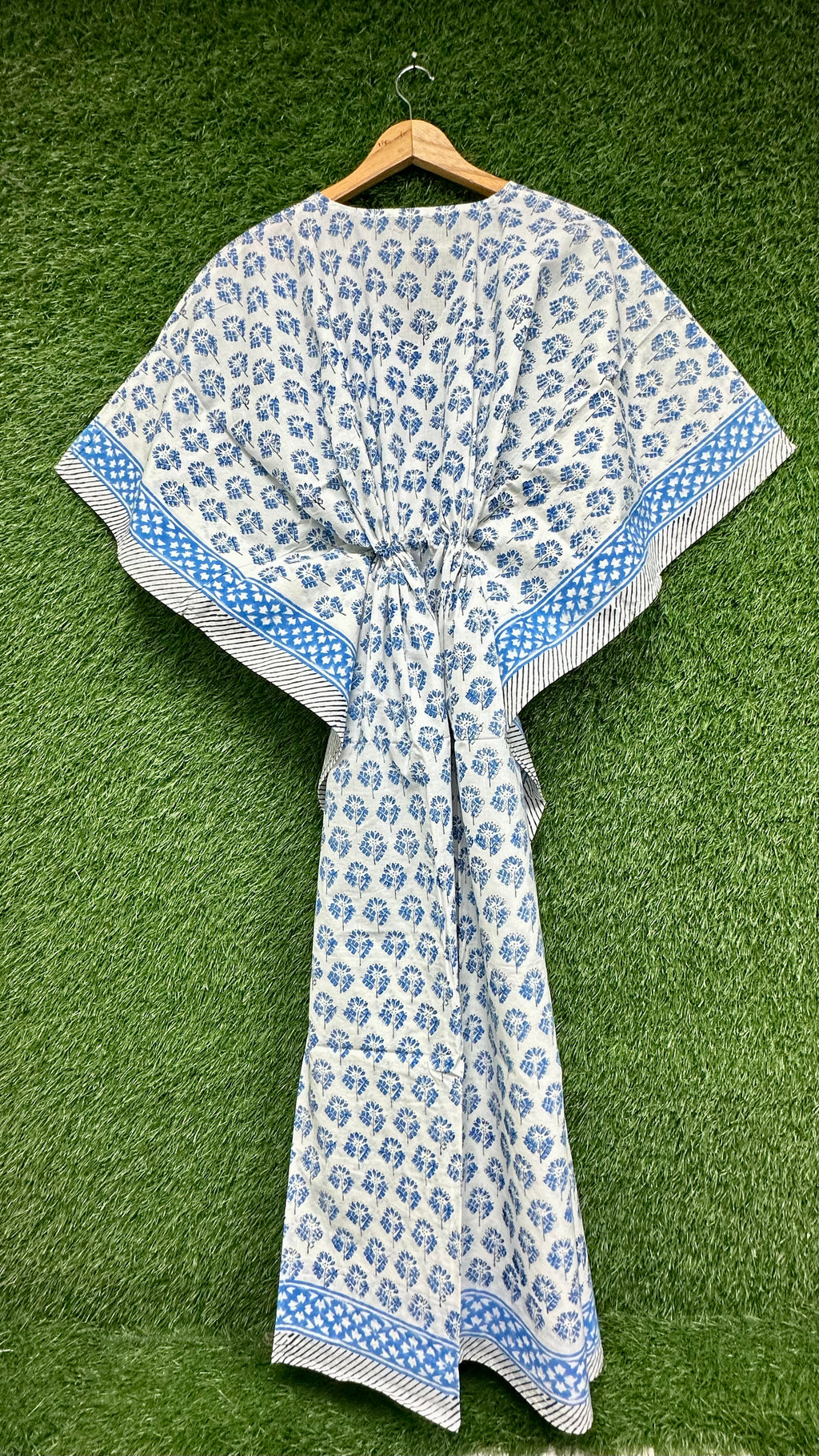 White Blue Floral Block Printed Kaftan