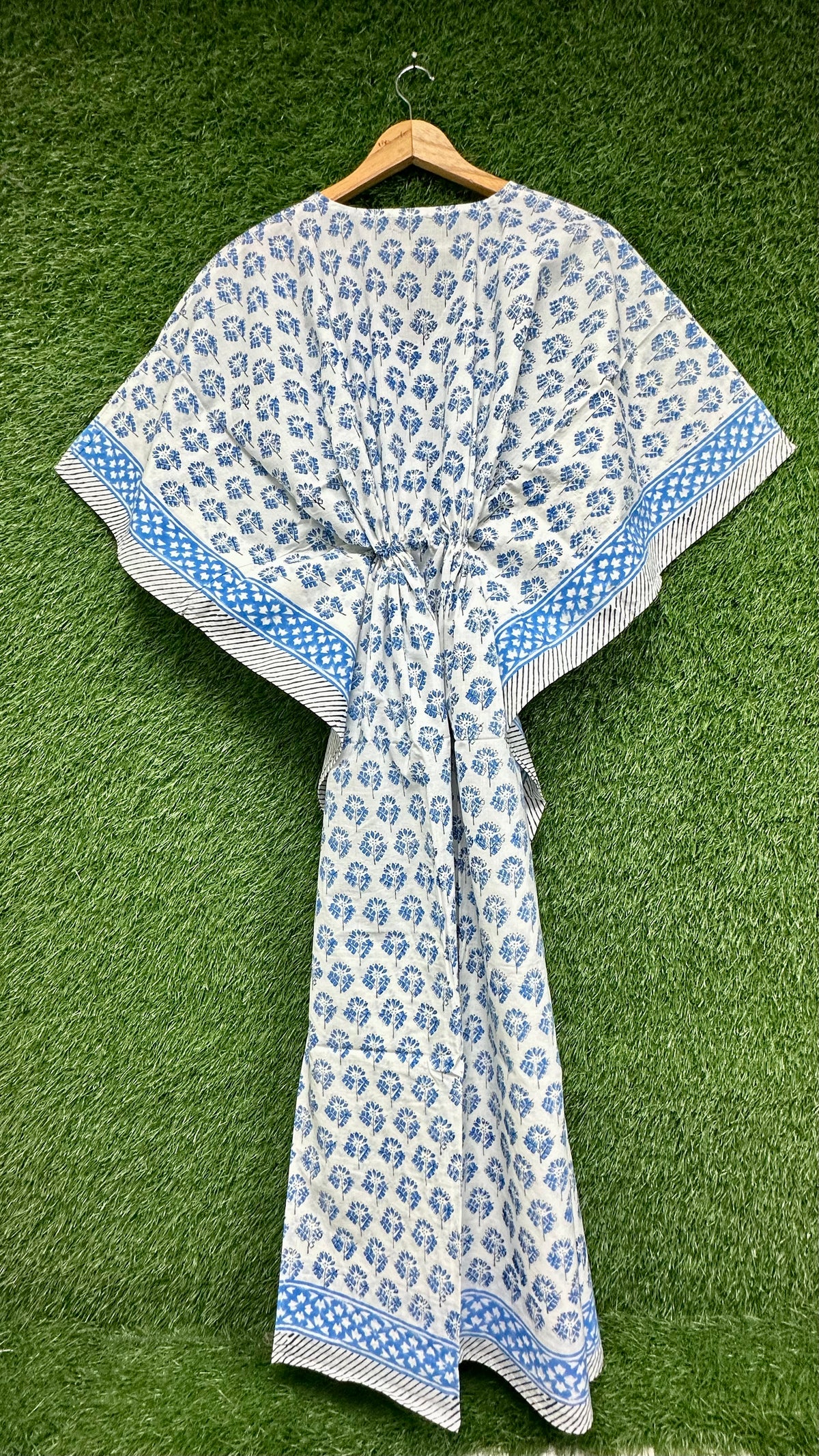 White Blue Floral Block Printed Kaftan
