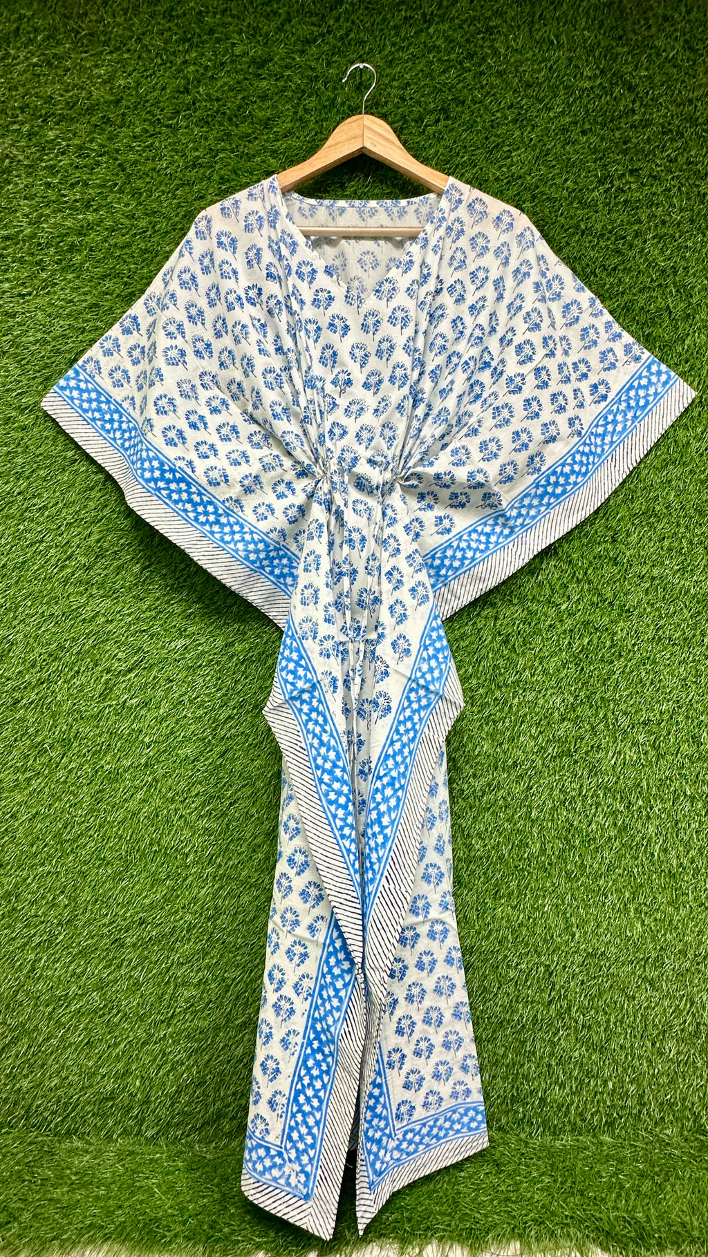 White Blue Floral Block Printed Kaftan